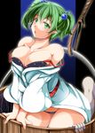 alternate_breast_size arm_support bare_shoulders black_bra black_panties bra breast_squeeze breasts bucket bursting_breasts food_print green_eyes green_hair hair_bobbles hair_ornament highres japanese_clothes kimono kisume large_breasts looking_at_viewer older panties reiha_(penetrate) rope solo strawberry_print touhou twintails underwear when_you_see_it yukata 