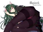  animal_ears ass black_legwear blush cat_ears crotch_seam green_hair hair_ornament hairclip highres illusionk long_hair looking_at_viewer original panties panties_under_pantyhose pantyhose red_eyes shoe_dangle solo thighband_pantyhose underwear very_long_hair 