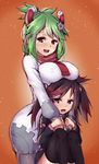  breast_rest breasts breasts_on_head brown_hair circuit_(gebyy-terar) curvy dress green_hair large_breasts long_hair magister_(medical_whiskey) magnet multiple_girls open_mouth original pantyhose pink_eyes red_eyes rust_(gebyy-terar) scarf short_dress smile snow snowing thighhighs twintails 