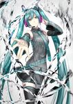  absurdres bad_id bad_pixiv_id barcode barcode_tattoo binary detached_sleeves hatsune_miku headphones headset highres long_hair musical_note necktie outstretched_arm skirt solo tattoo thighhighs twintails vocaloid yoco 