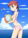  :o ass ball beachball bikini blush brown_eyes brown_hair butt_crack cloud day flying hair_bobbles hair_ornament highres isshiki_akane isshiki_momo looking_back multiple_girls ocean polka_dot polka_dot_bikini polka_dot_swimsuit short_hair side-tie_bikini sky swimsuit vividred_operation 