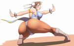  1girl ass bare_shoulders beowolf boots bracelet breasts brown_eyes brown_hair cameltoe capcom chun-li erect_nipples female fighting_pose from_behind hair_bun jewelry large_breasts lipstick makeup pantyhose red_lipstick short_hair simple_background solo squatting street_fighter supi_(beowolf_1999) supi_(inner_map) white_background 