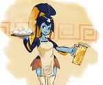  apron bangs baozi blue_skin blunt_bangs fish_girl food hair_ornament minette_(skullgirls) monster_girl purple_eyes shell skullgirls smile solo thighhighs 