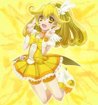  bike_shorts blonde_hair boots bow choker cure_peace double_v hair_flaps highres hosimihohosi jumping kise_yayoi long_hair magical_girl mosaic_background open_mouth ponytail precure shorts shorts_under_skirt skirt smile smile_precure! solo tiara v wrist_cuffs yellow yellow_background yellow_bow yellow_eyes yellow_shorts yellow_skirt 