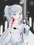  artist_request blue_eyes dress hair_ornament holding holding_sword holding_weapon jewelry left-handed light_smile long_hair myrtenaster necklace ponytail rapier rwby scar silver_hair solo sword very_long_hair weapon weiss_schnee white_dress 