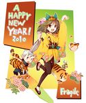  1girl 2010 :d animal blue_eyes blush brown_hair copyright_request full_body geta hair_bobbles hair_ornament happy_new_year japanese_clothes kimono long_hair new_year obi oni open_mouth pants sandals sash short_hair smile tiger tobe_sunaho wide_sleeves 