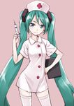  bad_id bad_pixiv_id clipboard dress green_hair hand_on_hip hat hatsune_miku long_hair matsuryuu nurse nurse_cap syringe thighhighs twintails very_long_hair vocaloid white_legwear 