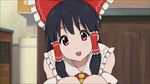  :d anime_coloring black_hair blurry bow depth_of_field face hair_bow hair_tubes hakurei_reimu head_tilt looking_at_viewer open_mouth parody red_eyes smile solo style_parody tamako_market tareme touhou yukihalbert 