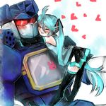  blush couple crossover decepticon hatsune_miku hug long_hair mecha mecha_on_girl nervous rkp robot science_fiction size_difference soundwave sweat transformers very_long_hair vocaloid 