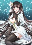  black_hair black_legwear blush bow breasts brown_eyes brown_hair capelet choker cleavage dress fur_trim garter_straps hair_bow hair_ornament itsumoto_hiroharu large_breasts long_hair lying on_side original snow snowing solo thighhighs very_long_hair 