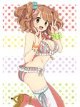  :3 bikini boots bracelet breasts brown_eyes brown_hair cleavage double_v frills idolmaster idolmaster_cinderella_girls jewelry large_breasts long_hair moroboshi_kirari open_mouth saito_katuo single_thighhigh swimsuit thighhighs twintails v 