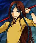  blue_hair braid brown_eyes brown_hair chinese_clothes long_hair male_focus multicolored_hair puchi-pochi shion_(kof) solo staff the_king_of_fighters twin_braids two-tone_hair very_long_hair wristband 