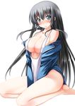  aqua_eyes bare_shoulders barefoot black_hair blush breasts large_breasts long_hair looking_at_viewer original seiza simple_background sitting solo swimsuit takase_muu very_long_hair white_background 