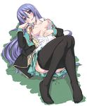  absurdres black_legwear blush breasts collarbone gj-bu highres kawajuu long_hair medium_breasts nipples open_mouth pantyhose pantyhose_pull purple_eyes purple_hair school_uniform solo sumeragi_shion sweater tears very_long_hair 