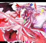  ascot bat_wings book bow crescent crystal face-to-face grin hair_bow hat hat_ribbon lavender_hair long_hair magic_circle multiple_girls patchouli_knowledge polearm purple_hair ram_hachimin red_eyes remilia_scarlet ribbon sidelocks smile spear spear_the_gungnir touhou weapon wings 