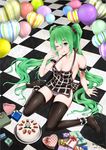  2013 ;q absurdres arm_garter arm_support artist_name balloon bing_gang cake checkered checkered_floor dated food food_on_face fruit gift green_eyes green_hair happy_birthday hatsune_miku highres long_hair one_eye_closed panties sitting solo strawberry striped striped_panties thighhighs tongue tongue_out twintails underwear very_long_hair vocaloid wariza 