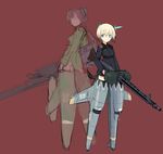  armor armored_boots back-to-back blonde_hair blue_eyes boots commentary erica_hartmann gertrud_barkhorn gun holding holding_gun holding_weapon looking_at_viewer looking_back machine_gun military military_uniform multiple_girls p.1101 shimada_fumikane simple_background standing strike_witches uniform weapon world_witches_series 