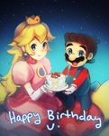  1girl birthday_cake blonde_hair blue_eyes brown_hair cake crown dress earrings elbow_gloves facial_hair food gloves happy_birthday height_difference jewelry long_hair mario mario_(series) mustache overalls pink_dress princess_peach smile star starry_background super_mario_bros. weee_(raemz) white_gloves 