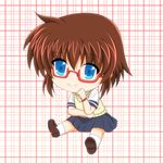  bad_id bad_pixiv_id bespectacled blue_eyes bracelet brown_hair chibi glasses jewelry lyrical_nanoha mahou_shoujo_lyrical_nanoha_innocent material-s mikohalt private_ten'ou_middle_school_uniform school_uniform shoes short_hair short_sleeves skirt smile socks solo stern_starks 