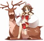  animal_ears barefoot blue_eyes brown_hair christmas crossed_legs kitsune_(scrawl) long_hair original reindeer shadow simple_background sitting skirt smile 