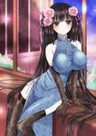  absurdly_long_hair arm_support bare_shoulders black_hair blush breasts china_dress chinese_clothes collarbone dress elbow_gloves flower gloves hair_flower hair_ornament huge_breasts itsumoto_hiroharu leaning_forward long_hair original panties shadow shirt side-tie_panties side_slit sitting solo taut_clothes taut_shirt thighhighs underwear very_long_hair 