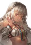  10s 1girl absurdres altera_(fate) bangs bare_shoulders breasts closed_mouth collarbone commentary_request crop_top dark_skin detached_sleeves eyebrows_behind_hair fate/extella fate/extra fate_(series) hand_in_hair hand_up highres kazuki_seto long_sleeves looking_at_viewer red_eyes simple_background small_breasts solo upper_body veil white_background wide_sleeves 