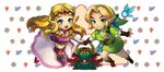  1girl belt blonde_hair blue_eyes cape earrings fairy ganon gloves horn jewelry link long_hair muse_(rainforest) navi pointy_ears princess_zelda sword the_legend_of_zelda the_legend_of_zelda:_ocarina_of_time tiara weapon 