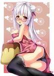  :o alternate_costume ass black_legwear black_panties blush breasts cameltoe double_bun food glasses gloves heidimarie_w_schnaufer highres kuragari large_breasts long_hair looking_at_viewer panties pudding red_eyes solo strike_witches thighhighs underwear white_hair world_witches_series 