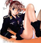  arm_support belt blue_eyes boots brown_hair cross flower hair_flower hair_ornament legs long_hair luftwaffe mc_axis military military_uniform no_pants oofuji_reiichirou open_mouth panties salute side_ponytail solo teeth thighs underwear uniform 