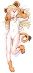  animal_ears bad_id bad_pixiv_id banned_artist blonde_hair dakimakura flat_chest full_body green_eyes idolmaster idolmaster_cinderella_girls jougasaki_rika leotard lion_ears long_hair lying nagasawa_shin one_eye_closed paws solo tail 