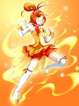  bike_shorts boots bow bowtie brooch choker clenched_hands cure_sunny fire foreshortening hair_bun highres hino_akane_(smile_precure!) jewelry magical_girl nakoshe orange_(color) orange_background orange_choker orange_hair orange_neckwear orange_shorts orange_skirt precure red_eyes short_hair shorts shorts_under_skirt skirt smile smile_precure! solo thigh_boots thighhighs 