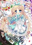  alice_(wonderland) alice_in_wonderland bad_id bad_pixiv_id blonde_hair blue_eyes bunny card club_(shape) cup diamond_(shape) hair_ribbon heart long_hair mizuki_yuuma playing_card pocket_watch ribbon saucer solo spade_(shape) sparkle spoon striped striped_legwear teacup teapot thighhighs very_long_hair watch white_rabbit 