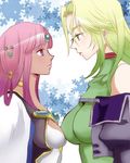  ariel_org bad_id bad_pixiv_id bangs bare_shoulders breasts choker dark_skin eye_contact gorogorogoroo gradient_hair green_eyes green_hair height_difference lamia_loveless large_breasts looking_at_another looking_down looking_up multicolored_hair multiple_girls profile purple_eyes purple_hair snowflakes super_robot_wars the_2nd_super_robot_wars_og 