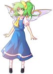 alphes_(style) ascot bow dairi daiyousei fairy_wings full_body green_eyes green_hair hair_bow hair_ornament light_smile long_hair looking_at_viewer parody shirt shoes short_sleeves side_ponytail skirt skirt_set socks solo style_parody touhou transparent_background wings 