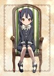  armchair black_hair bobby_socks bow brown_eyes chair dress errant hair_bobbles hair_ornament kitashirakawa_anko long_hair one_side_up shoes socks solo striped tamako_market vertical_stripes 