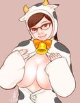  animal_costume animal_ears animal_print bad_id bad_pixiv_id bell breasts breasts_outside brown_eyes brown_hair cleavage covering covering_breasts cow_costume cow_ears cow_horns cow_print dated glasses horns kusagami_style large_breasts lips original signature simple_background smile solo 