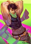  abs absurdres adonis_belt armpits arms_behind_head artist_name black_eyes black_hair blue_eyes cowboy_shot crop_top gloves groin han-0v0 highres jojo_no_kimyou_na_bouken joseph_joestar_(young) male_focus manly midriff navel scarf signature solo 