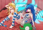  armband barefoot blonde_hair blue_eyes blue_hair blush bow chocolate chuck_(psg) dress earrings food hair_bow halo jewelry legs long_hair long_legs looking_at_viewer multicolored_hair multiple_girls murata_isshin nail_polish panty_&amp;_stocking_with_garterbelt panty_(psg) sexually_suggestive stocking_(psg) striped striped_legwear thighhighs toenail_polish two-tone_hair wings 