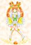  boots brown_eyes brown_hair choker clover clover_hair_ornament cure_rosetta dokidoki!_precure double_bun flower four-leaf_clover four-leaf_clover_hair_ornament green_choker hair_flower hair_ornament k2-atelier knee_boots long_hair magical_girl precure ribbon sitting skirt smile solo twintails wrist_cuffs yotsuba_alice 