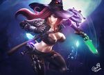  abyssal_scepter adapted_costume armor bad_id bad_pixiv_id belt breasts full_moon gloves glowing glowing_eyes green_eyes gunblade hat hextech_gunblade katarina_du_couteau large_breasts league_of_legends long_hair looking_at_viewer midriff moon needlessly_large_rod one3four! rabadon's_deathcap red_hair revision rylai's_crystal_scepter scar shoulder_pads signature skin_tight skull solo staff strap vambraces weapon witch_hat 