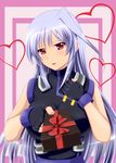  blush breasts fingerless_gloves gift gloves heart highres inoshira large_breasts long_hair lyrical_nanoha mahou_shoujo_lyrical_nanoha mahou_shoujo_lyrical_nanoha_a's open_mouth red_eyes reinforce silver_hair single_hair_intake solo valentine 
