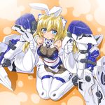  :&gt; altrene animal_ears armor bare_shoulders blonde_hair blush breasts bunny_ears busou_shinki cleavage dd_(ijigendd) doll_joints elbow_gloves fishnets gloves large_breasts long_hair sitting solo thighhighs wariza 