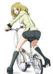  ashford_academy_uniform ass bicycle bike_shorts blonde_hair boots breasts code_geass full_body ground_vehicle high_heels highres kamitsuki_manmaru large_breasts legs long_hair looking_at_viewer milly_ashford school_uniform shoes simple_background sketch smile solo white_background 