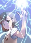  armpit_peek biribiri brown_eyes brown_hair electricity index_finger_raised kikumaru_bunta misaka_mikoto school_uniform short_hair sweater_vest to_aru_kagaku_no_railgun to_aru_majutsu_no_index upper_body 