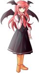  alphes_(style) boots dairi full_body hand_on_own_chest head_wings koakuma long_hair long_sleeves looking_at_viewer necktie orange_footwear parody red_eyes red_hair red_neckwear skirt smile solo standing style_parody touhou transparent_background vest wings 