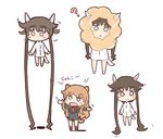  ? animal_ears blush_stickers brown_hair c: chibi cosplay doughnut fernandia_malvezzi food hair_stilts highres honda_takashi_(enorea) mister_donut multiple_girls o_o open_mouth outstretched_arms pon_de_lion pon_de_lion_(cosplay) pon_de_ring sidelocks strike_witches tail takei_junko white_background world_witches_series 