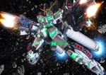  dual_wielding full_armor_unicorn_gundam gatling_gun glowing gun gundam gundam_unicorn holding mecha missile_pod no_humans nt-d robographer rocket_launcher solo space sparks unicorn_gundam weapon 