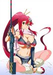  bikini_top boota boots breasts cameltoe cleavage fingerless_gloves gloves kamitsuki_manmaru large_breasts long_hair navel pink_legwear ponytail red_hair scarf shorts smile solo tengen_toppa_gurren_lagann thighhighs yellow_eyes yoko_littner 