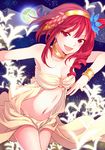  breasts choker flower full_moon hair_flower hair_ornament long_hair looking_at_viewer magi_the_labyrinth_of_magic medium_breasts moon morgiana navel one_side_up open_mouth red_eyes red_hair satou_iruno smile solo 