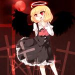  arm_behind_back ascot black_wings blonde_hair blood cross dress ex-rumia finger_licking halo highres kozakura_(dictionary) licking red_eyes rumia short_hair smile solo tongue touhou wings 